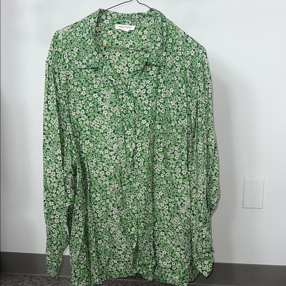 Green Floral Plus Size 3X Button-Up Blouse